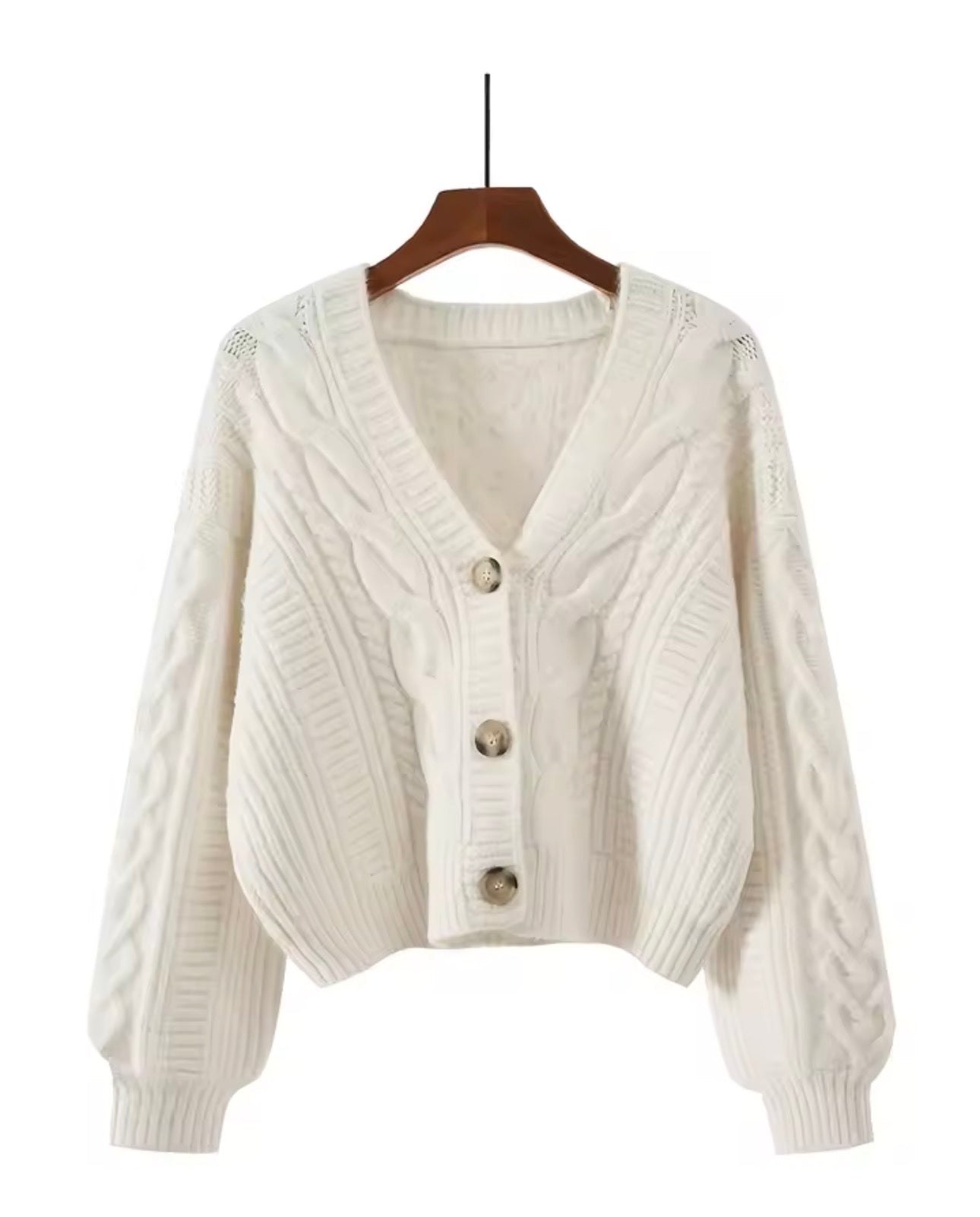 Women's Elegant V-Neck Cable Cardigan. Loose-Fitting with Button Placket.