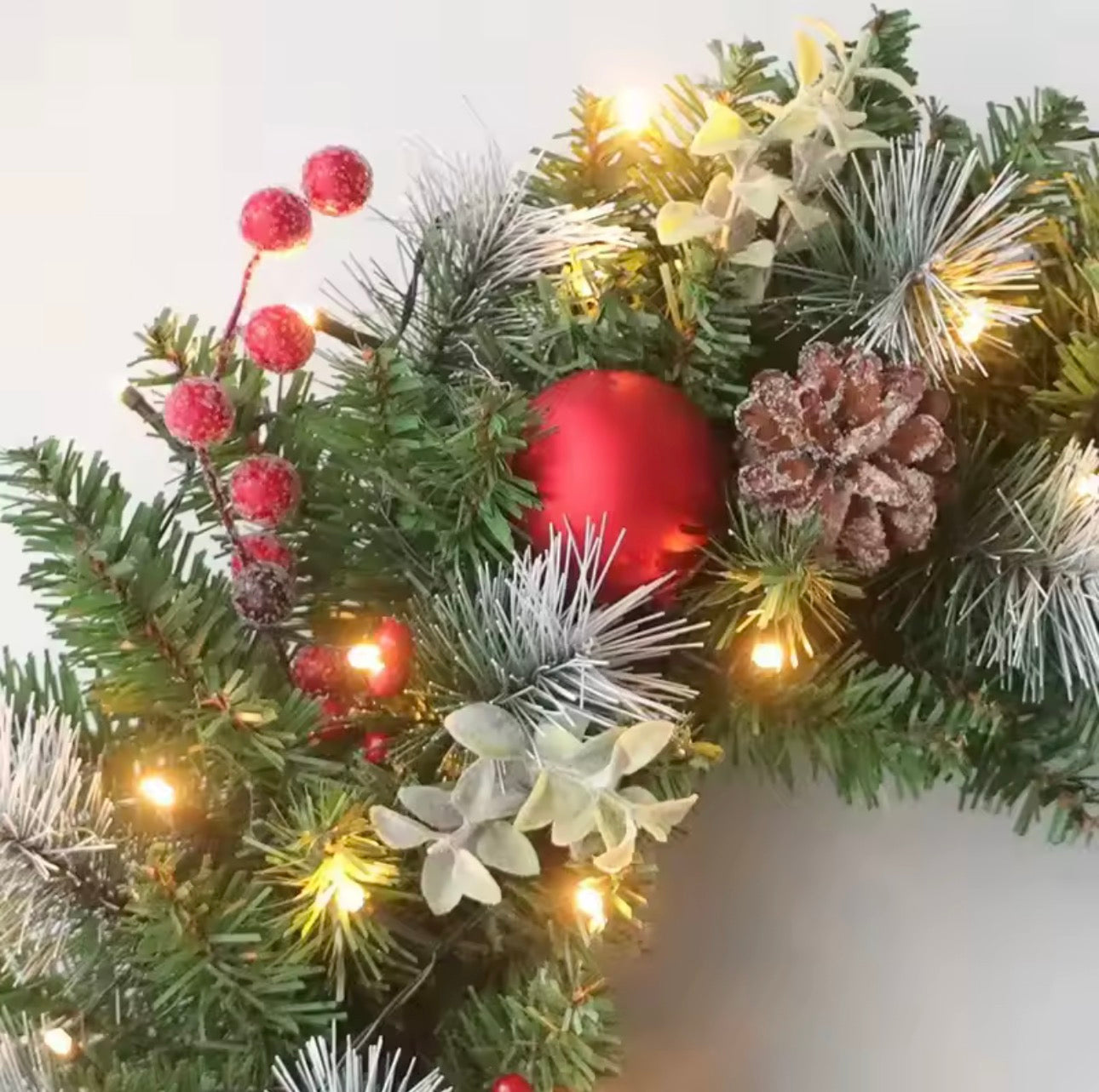 Christmas Wreath with Lights and Red Ornaments