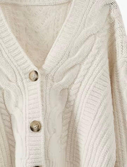 Women's Elegant V-Neck Cable Cardigan. Loose-Fitting with Button Placket.