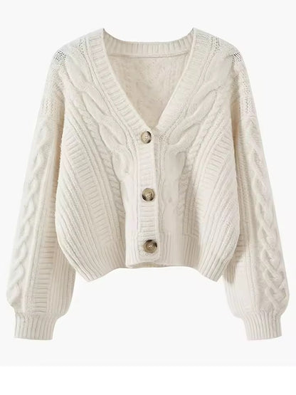 Women's Elegant V-Neck Cable Cardigan. Loose-Fitting with Button Placket.